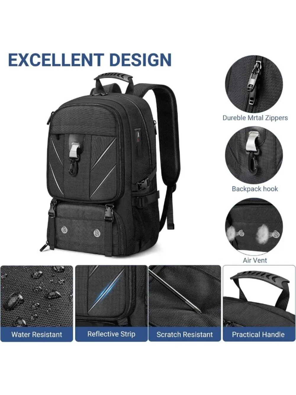 Water-Resistant Travel Laptop Backpack with Shoe Compartment & USB Port - 50L